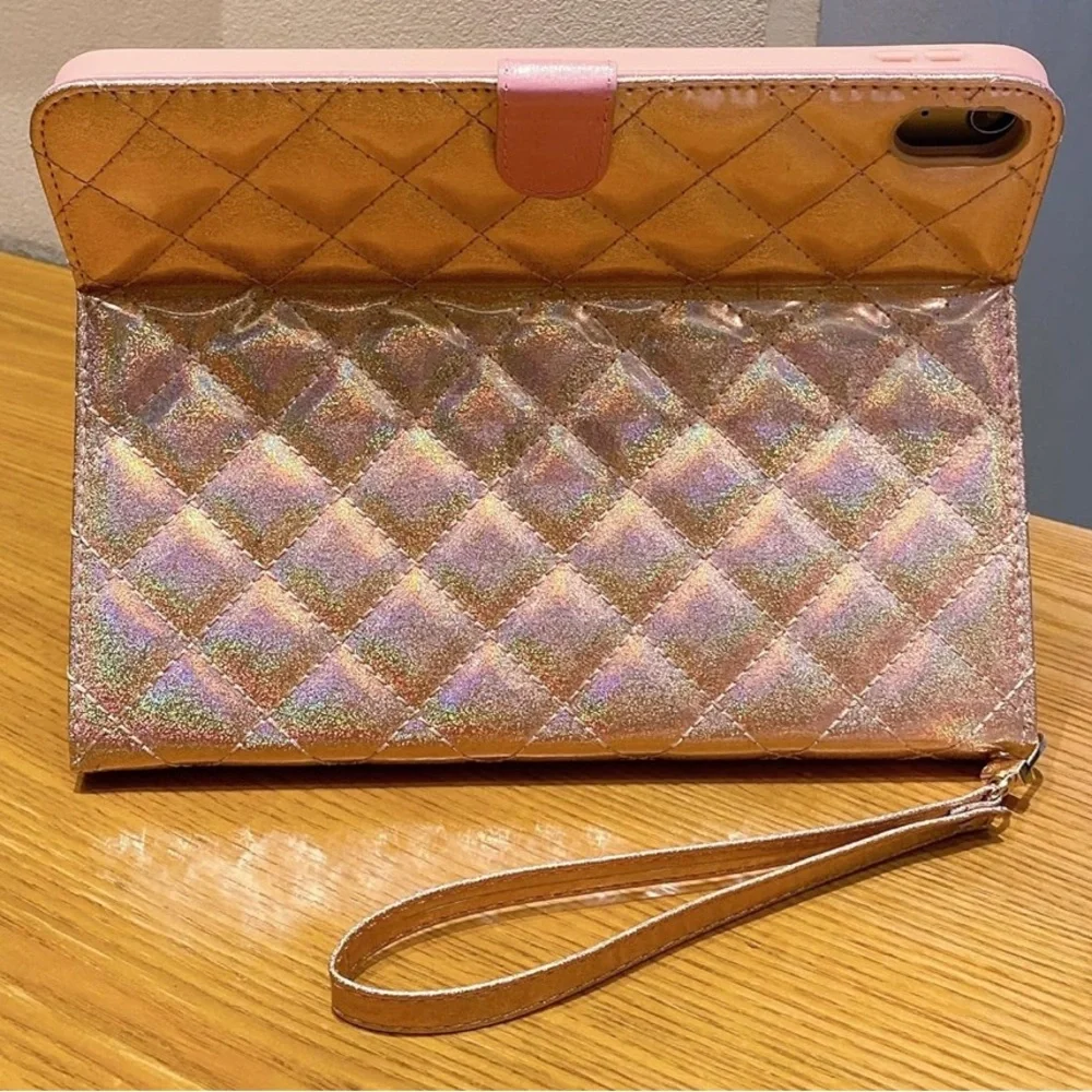 Holographic Quilted Tablet Case with Crown Accent - Pink